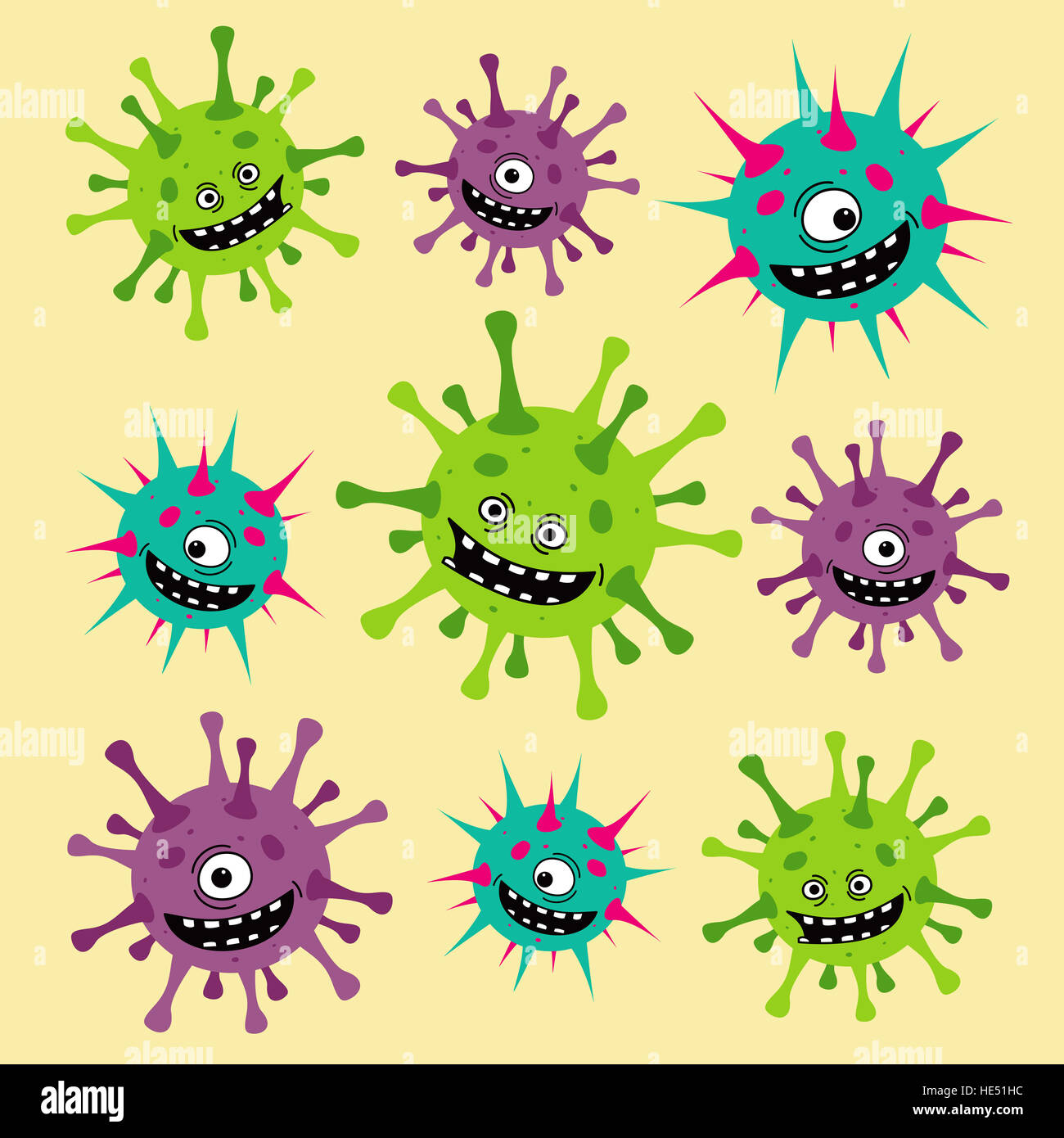 Cartoon viruses, germs or bacteria pattern. Funny colorful set on yellow background Stock Photo