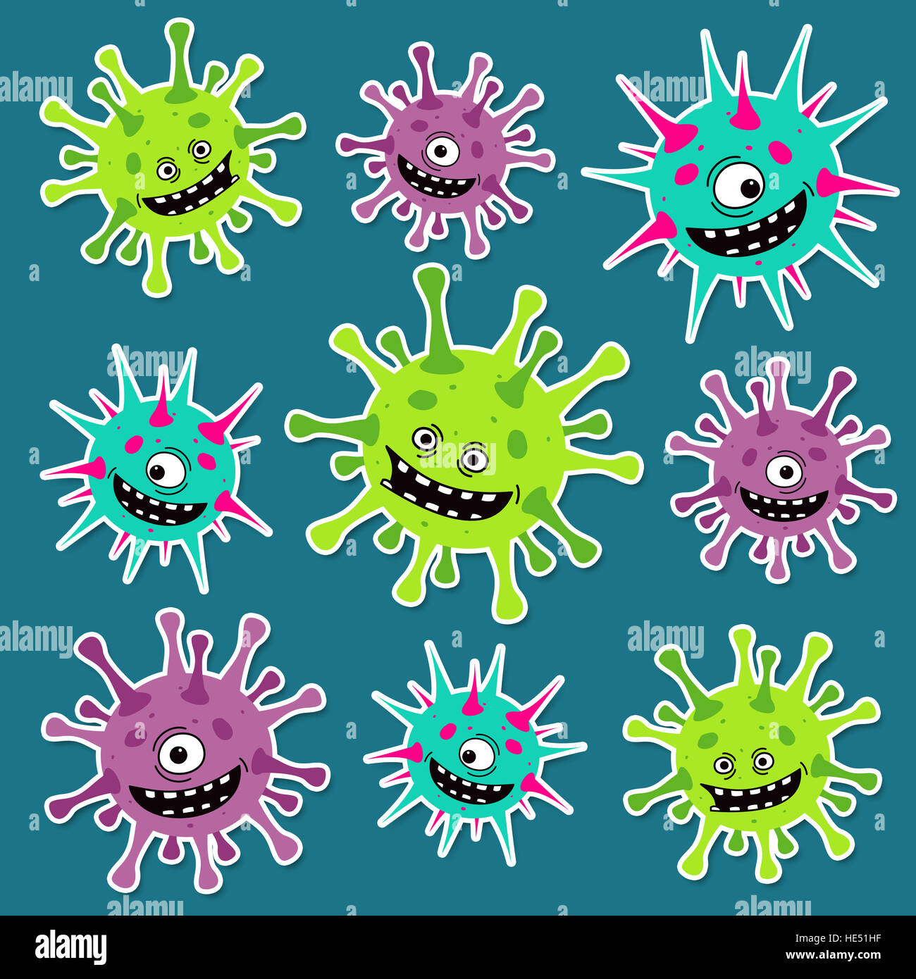 Cartoon viruses, germs or bacteria pattern. Funny colorful set of stickers on blue background Stock Photo