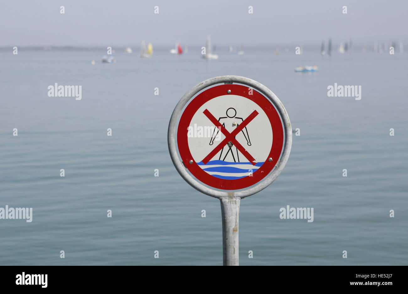 No swimming sign on Lake Constance, Baden-Wuerttemberg Stock Photo