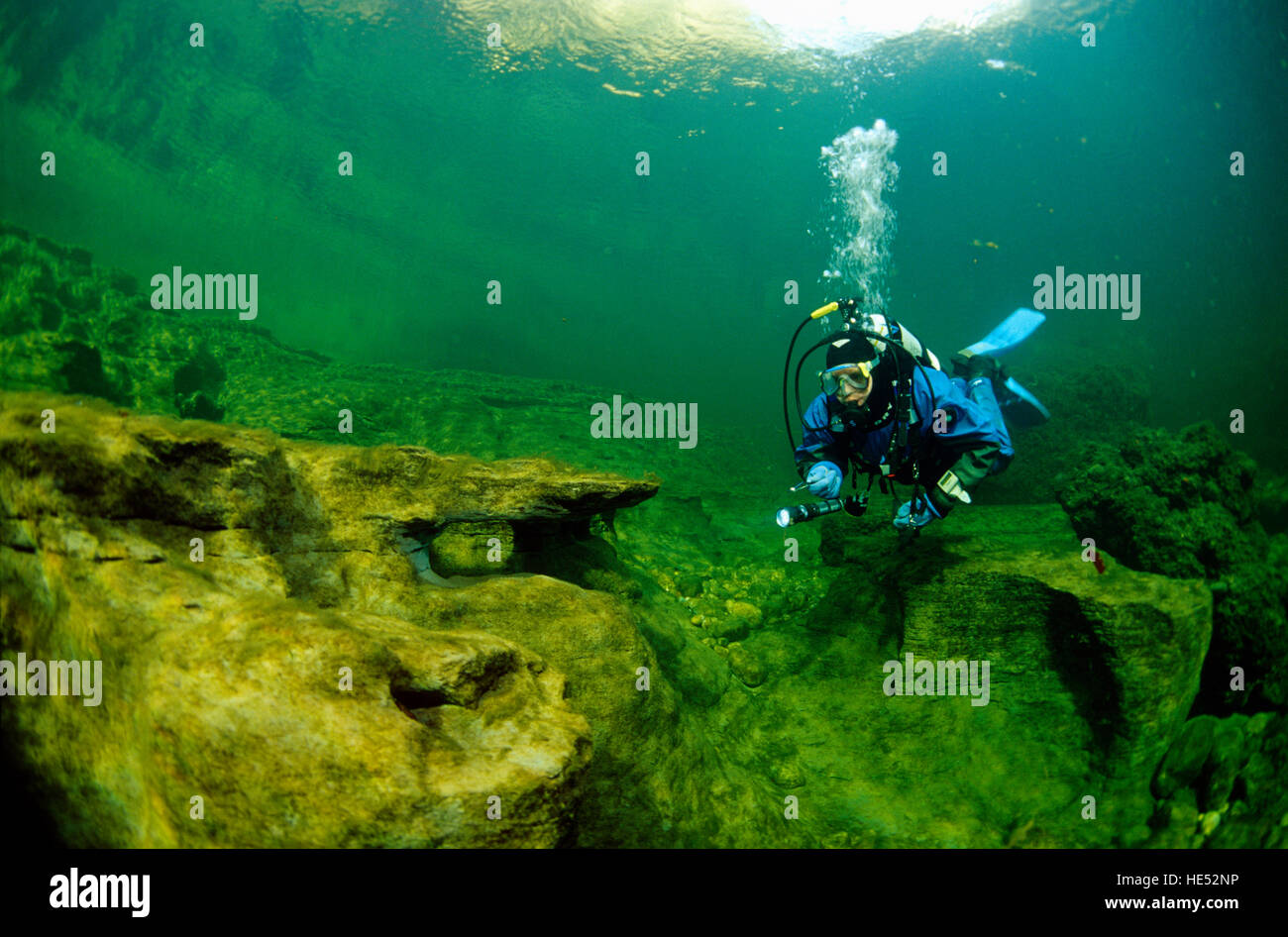 Scuba diving in the Traun River, Steyrermuehle, Upper Austria, Austria, Europe Stock Photo