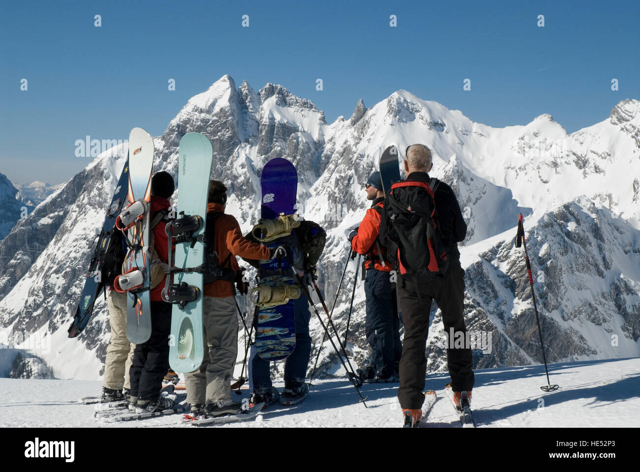 Snowboarders during a tour at Gesaeuse National Park, Styria, Austria, Europe Stock Photo