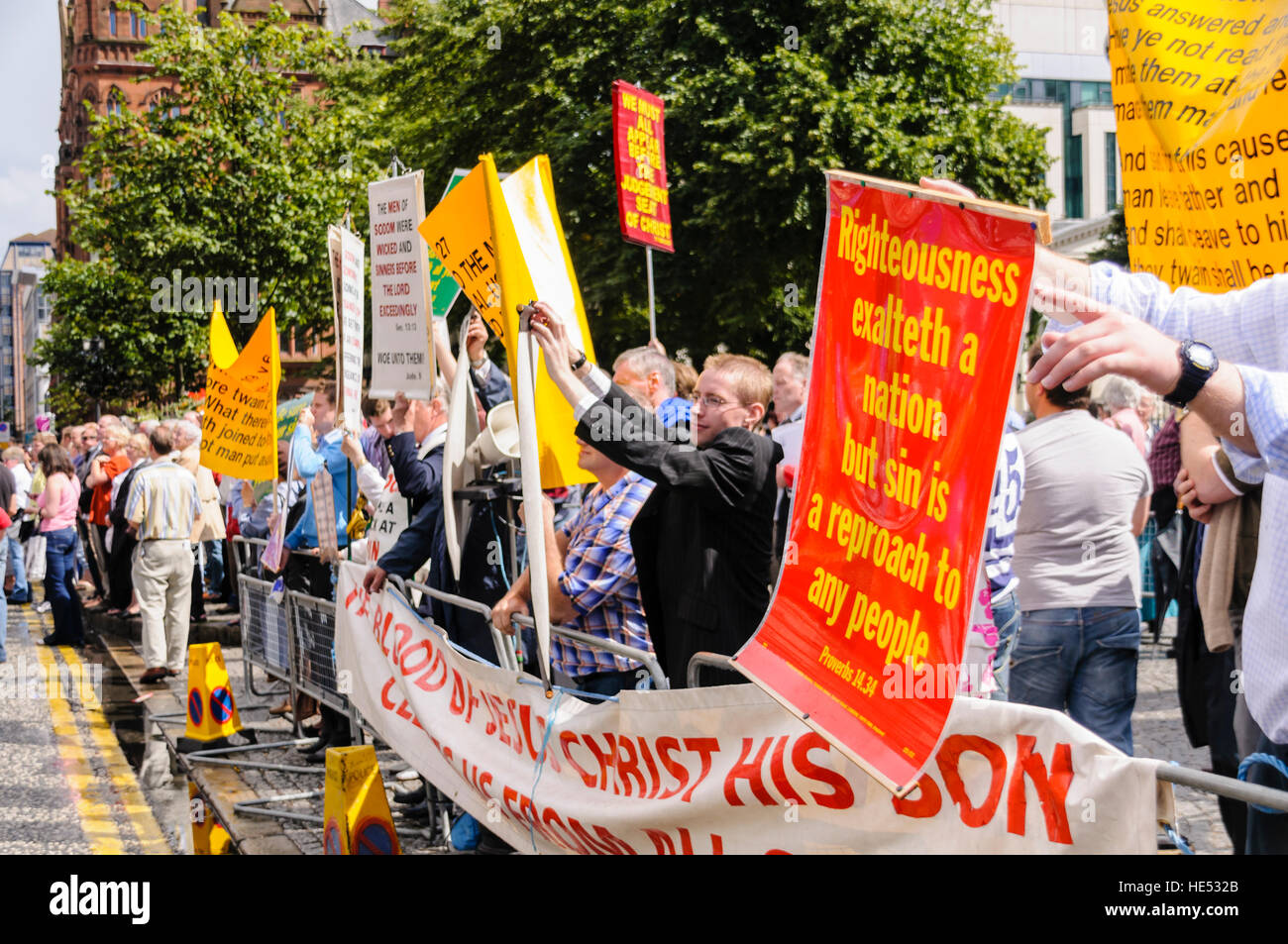Members of the Free Presbyterian Church protest against the Gay Pride parade in Belfast. Stock Photo