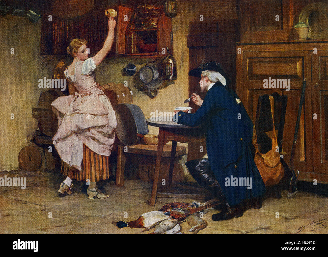 This painting, titled Flirtation, was done by the English Victorian historical and portrait painter John Seymour Lucas (1849-1923). The painting dates to 1885. Lucas is noted for his close knowledge of the costumes of certain periods. Flirtation represents a country squire paying court to a tenant-farmer's attractive daughter under the pretense of taking some refreshment. The accomplished man of the world, wholly at his ease, and the girl in an attitude hovering between surprise and coquetry, are admirably conceived. Stock Photo