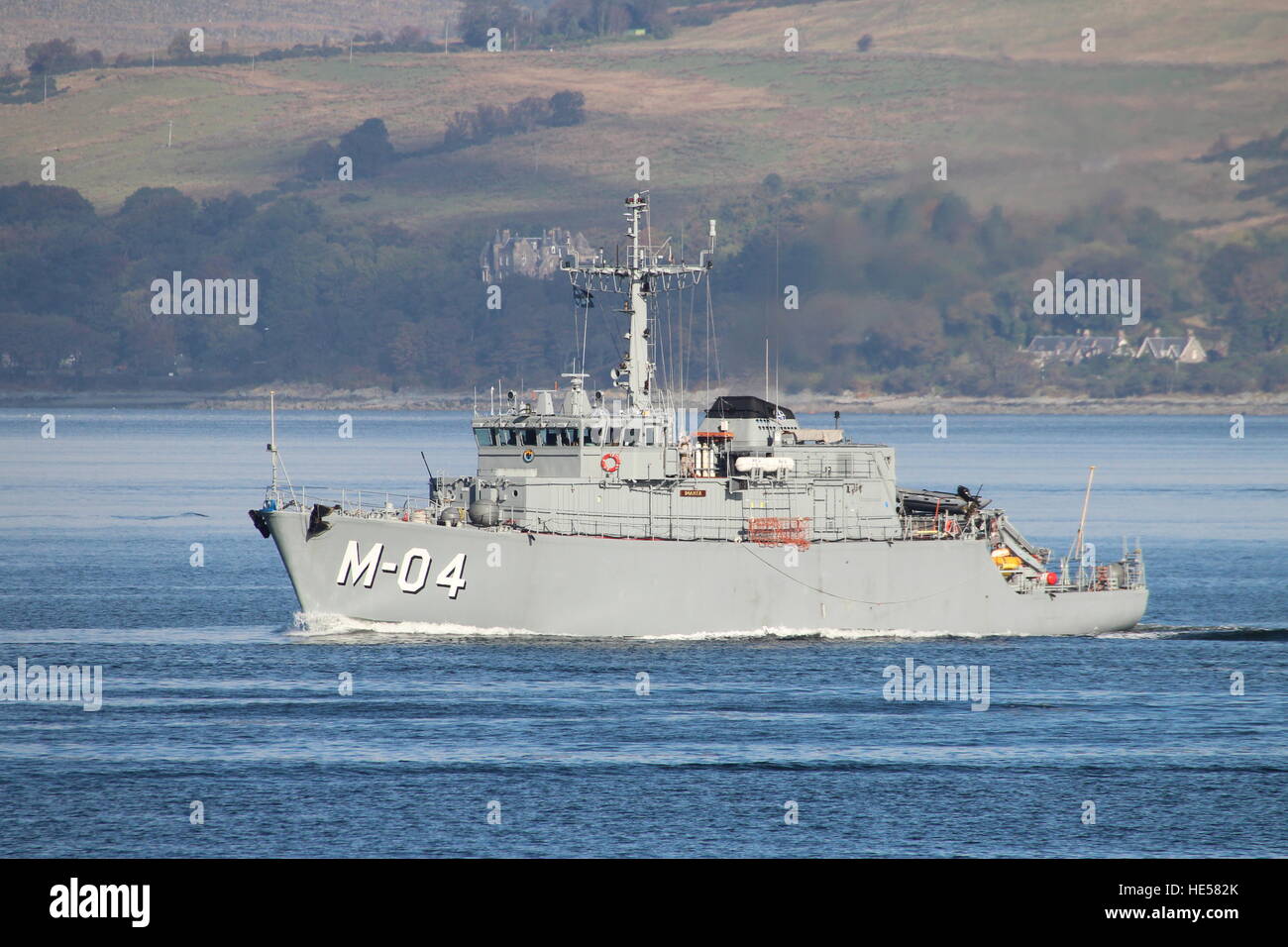 LNVS Imanta (M-04), a Flower-class mine countermeasures vessel of the Latvian Navy, at the start of Exercise Joint Warrior 16-2. Stock Photo