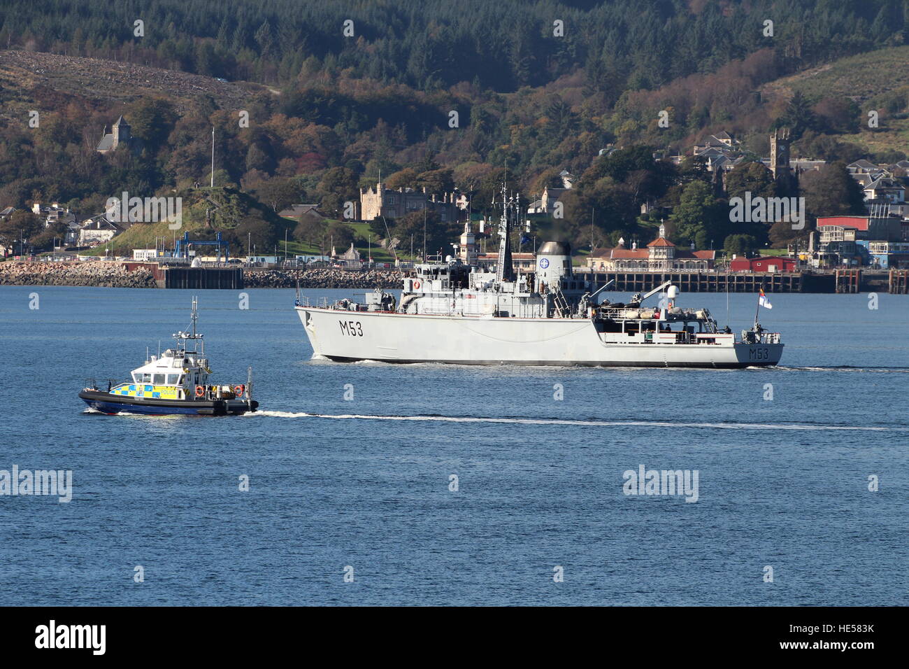 LNS Skalvis (M53), a Hunt-class minehunter of the Lithuanian Navy, and Harris, an Island-class launch of the MoD Police. Stock Photo
