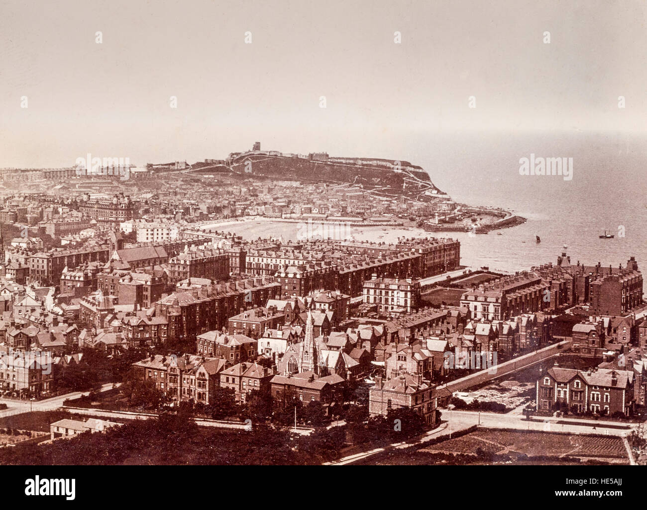 View of Scarborough Castle South Bay and Town from Olivers Mount Yorkshire UK 1906 Stock Photo