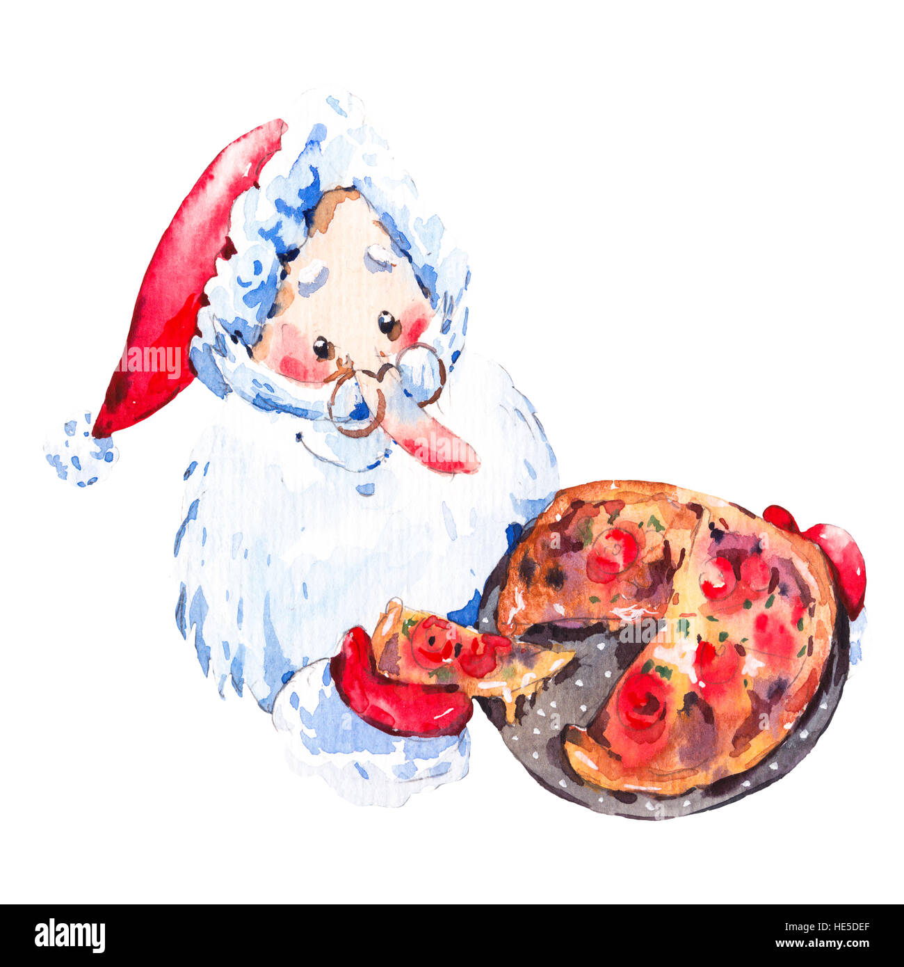 Watercolor funny Santa Claus  with pizza Stock Photo