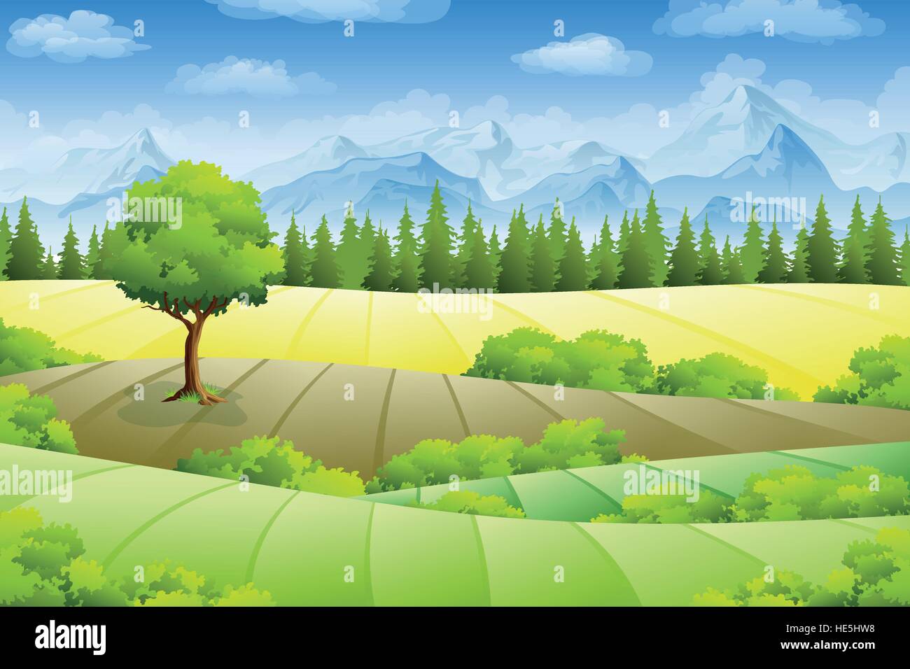 Summer landscape with fields, trees and mountains Stock Vector Image ...