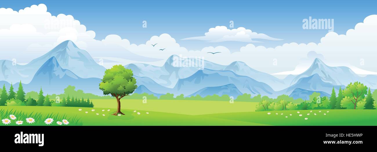 Summer landscape with meadows and mountains Stock Vector Image & Art ...