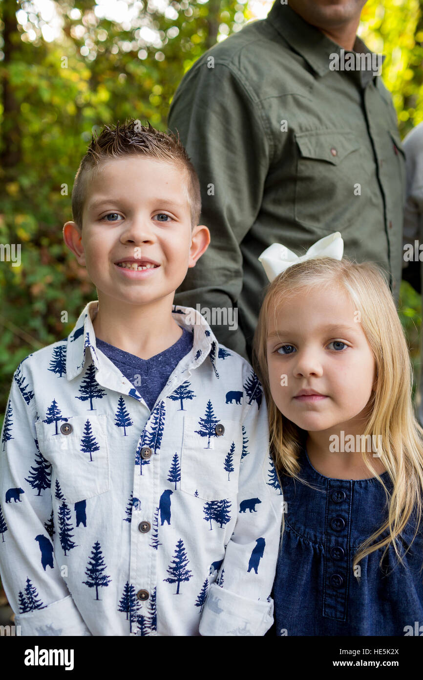Two siblings in a portrait with closeup framing. Stock Photo