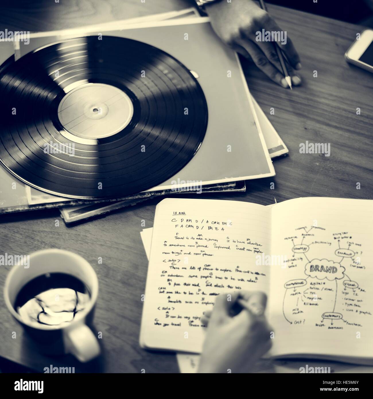 Human Hand Writing Notebook Vinyl Record Music Concept Stock Photo Alamy