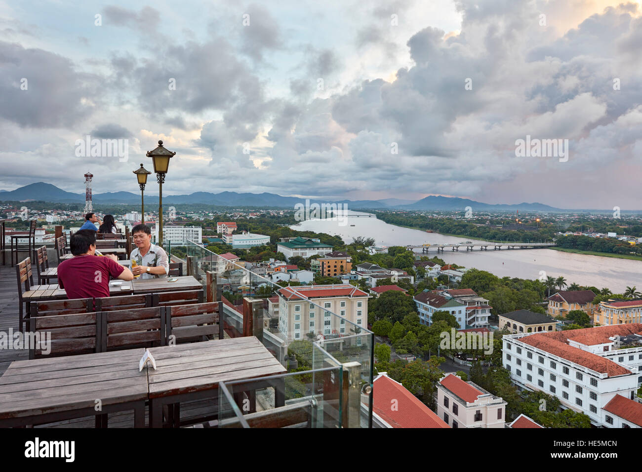 Elevated view of the city and Perfume River from Imperial Hotel rooftop bar. Hue, Vietnam. Stock Photo
