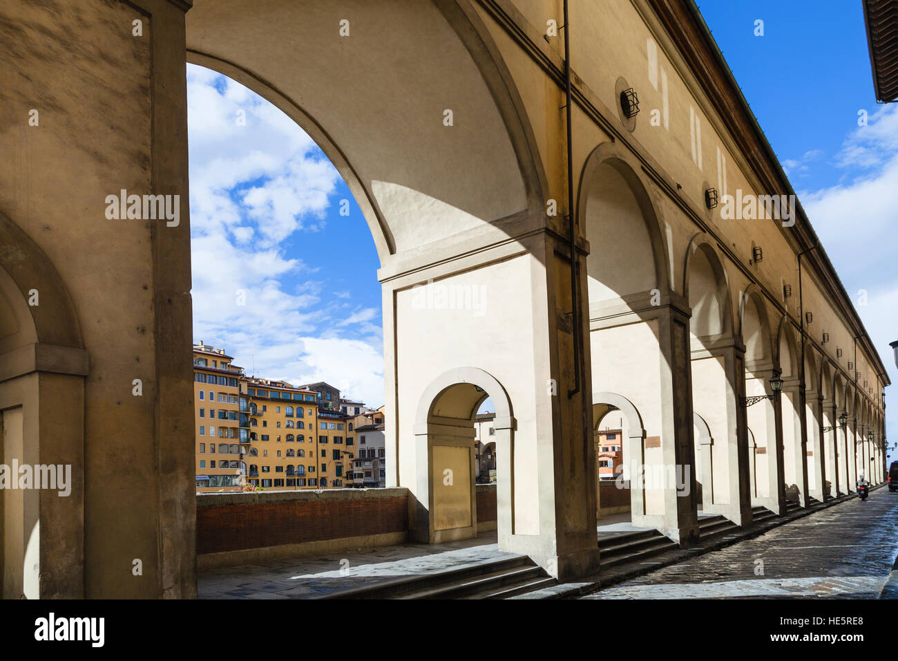 travel to Italy - vasari corridor along quay in Florence city in sunny autumn day Stock Photo
