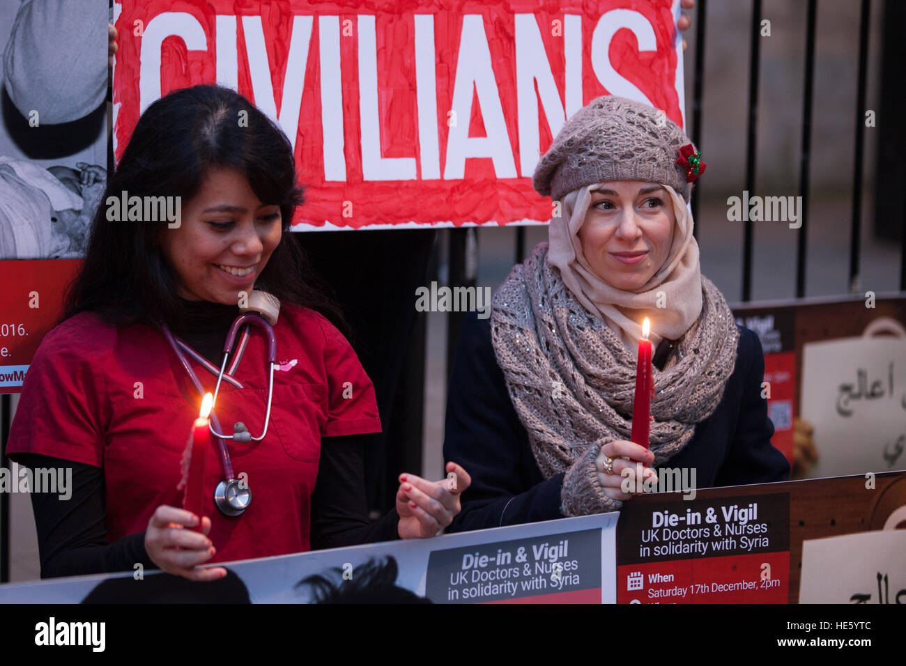 London, UK. 17th Dec, 2016. British doctors and nurses hold a candlelit vigil opposite Downing Street in solidarity with the people of Syria. Credit: Mark Kerrison/Alamy Live News Stock Photo