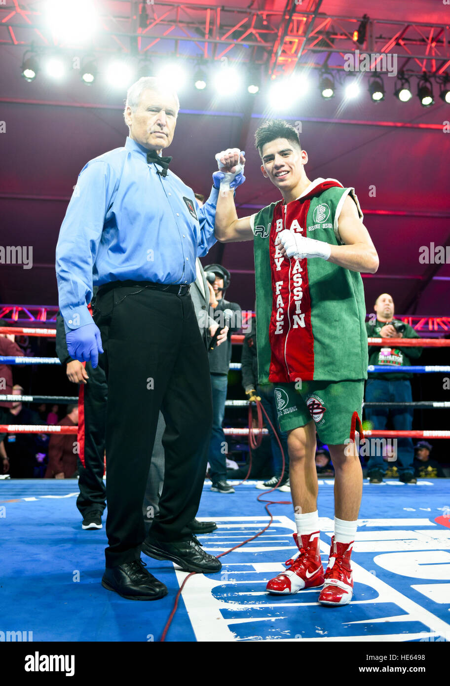 Las Vegas, Nevada, USA. 17th December, 2016. Max Ornelas wins a four round bantamweight bout against Jorge Parez at “Knockout Night at the D”  presented by the D Las Vegas and DLVEC and promoted by Roy Jones Jr. Boxing. Credit: Ken Howard/Alamy Live News Stock Photo