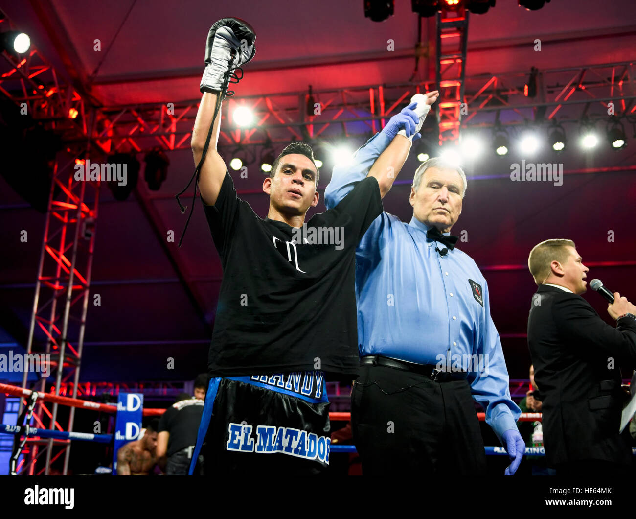 Las Vegas, Nevada, USA. 17th December, 2016.  The undefeated Randy 'El Matador' Moreno takes on 'Money' Mike Fowler in a 6 round Junior Lightweight bout at “Knockout Night at the D”  presented by the D Las Vegas and DLVEC and promoted by Roy Jones Jr. Boxing. Credit: Ken Howard/Alamy Live News Stock Photo