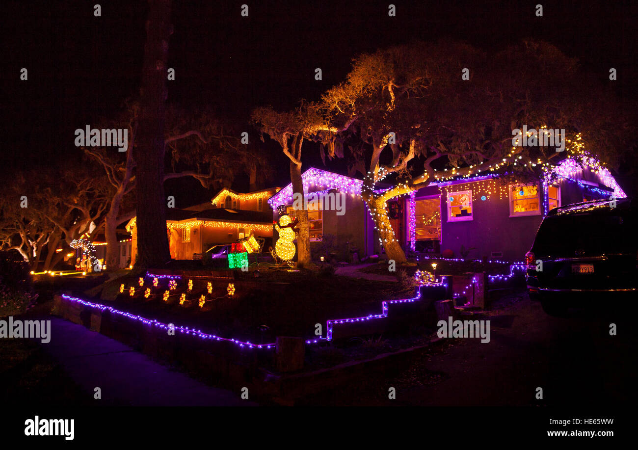 Homes decorated for Christmas on Morse Drive community, Pacific Grove