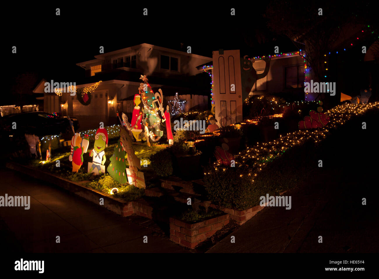 Homes decorated for Christmas on Morse Drive community, Pacific Grove