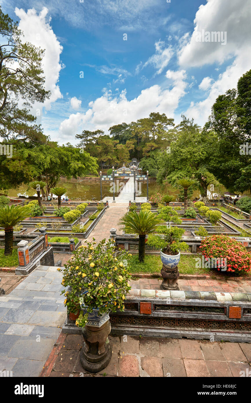 Landscaped garden at the Tan Nguyet Lake. Tomb of Minh Mang (Hieu Tomb), Hue, Vietnam. Stock Photo