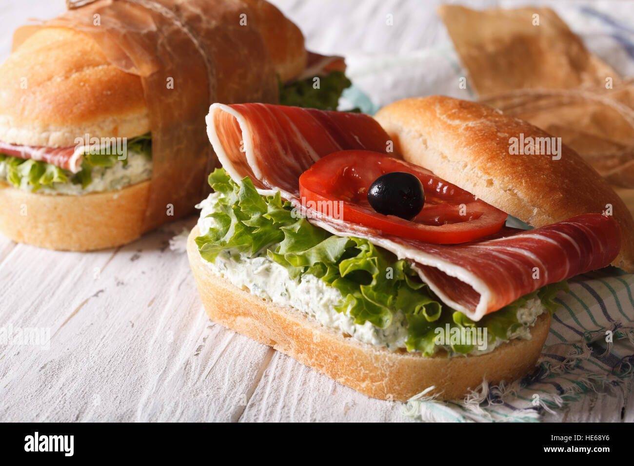 Sandwiches With Ham Prosciutto, Cream Cheese And Fresh Vegetables Close ...