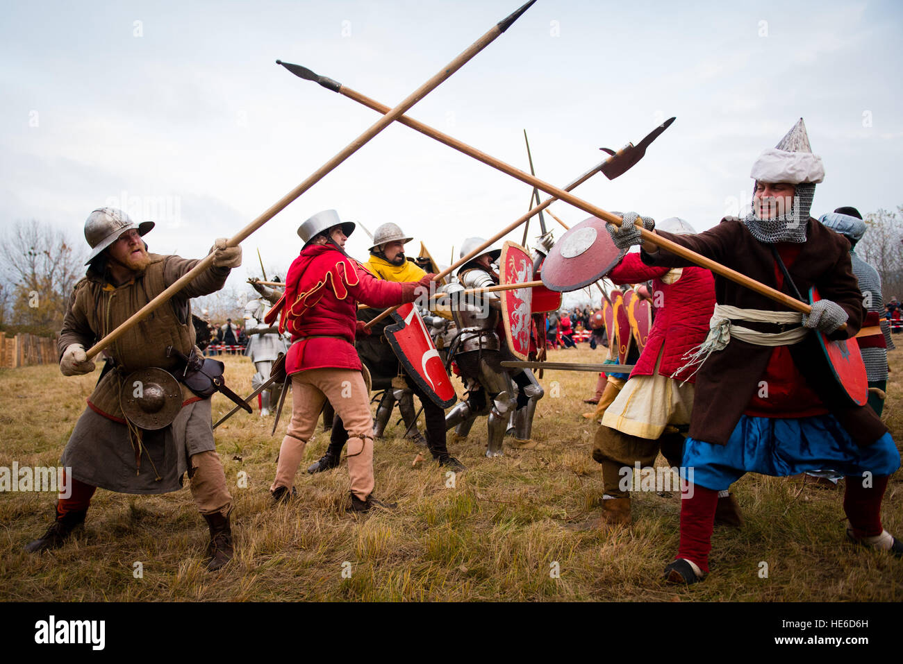 Bulgarian, Turkish, Czech, Hungarian and other countries amateur actors re-enact a scene from the battle of Polish King Wladyslaw III Warnenczyk against Ottoman Turks 572 years ago near the town of Varna, some 450 kilometers (260 miles) east of Sofia, Bulgaria on Saturday, Nov. 12, 2016. Wladislav III set out with a small army on a crusade against the Turks, but fell in a major battle in 1444 near Varna, Eastern Bulgaria where is his symbolic grave. The battle saw a ragtag christian army of mixed nationalities fighting against a force of Ottoman turks. About a hundred history enthusiasts and a Stock Photo