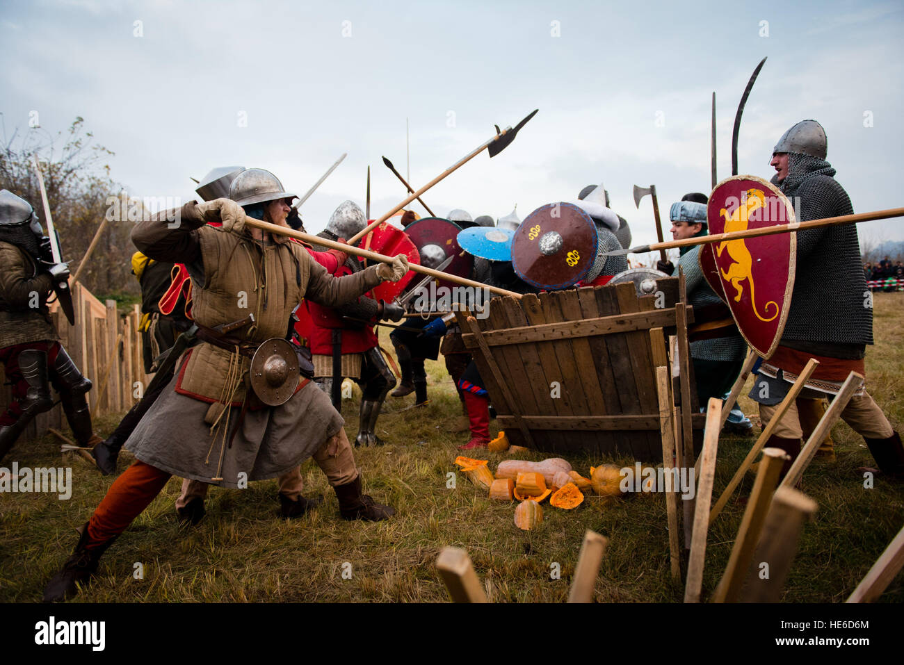 Bulgarian, Turkish, Czech, Hungarian and other countries amateur actors re-enact a scene from the battle of Polish King Wladyslaw III Warnenczyk against Ottoman Turks 572 years ago near the town of Varna, some 450 kilometers (260 miles) east of Sofia, Bulgaria on Saturday, Nov. 12, 2016. Wladislav III set out with a small army on a crusade against the Turks, but fell in a major battle in 1444 near Varna, Eastern Bulgaria where is his symbolic grave. The battle saw a ragtag christian army of mixed nationalities fighting against a force of Ottoman turks. About a hundred history enthusiasts and a Stock Photo