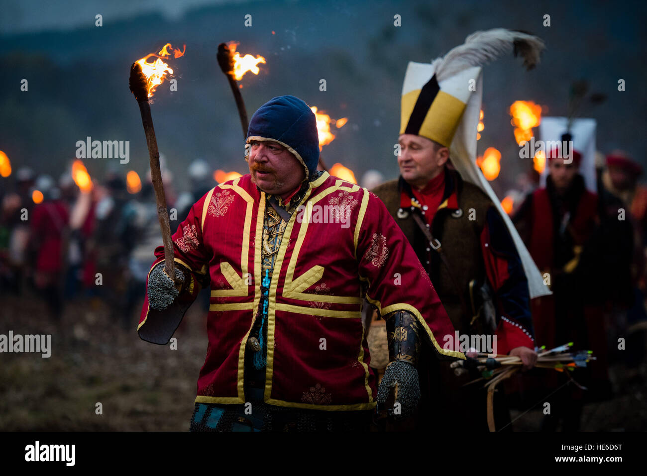 Bulgarian, Turkish, Czech, Hungarian and other countries amateur actors re-enact a scene from the battle of Polish King Wladyslaw III Warnenczyk against Ottoman Turks 572 years ago near the town of Varna, some 450 kilometers (260 miles) east of Sofia, Bulgaria on Saturday, Nov. 12, 2016. Wladislav III set out with a small army on a crusade against the Turks, but fell in a major battle in 1444 near Varna, Eastern Bulgaria where is his symbolic grave. The battle saw a ragtag christian army of mixed nationalities fighting against a force of Ottoman turks. About a hundred history enthusiasts and a Stock Photo