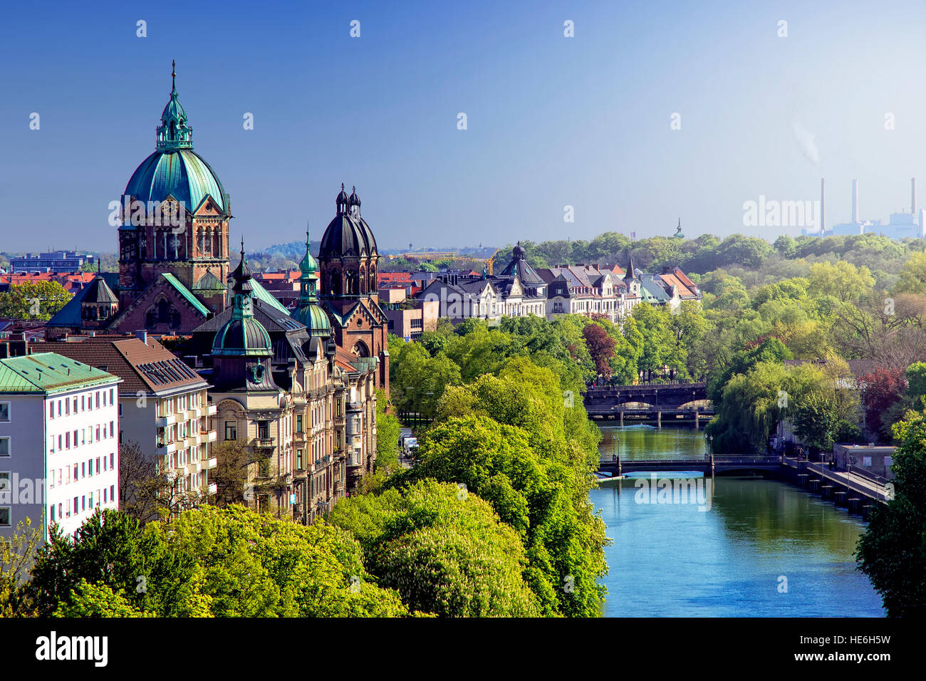 Munich skyline and Isar river Stock Photo