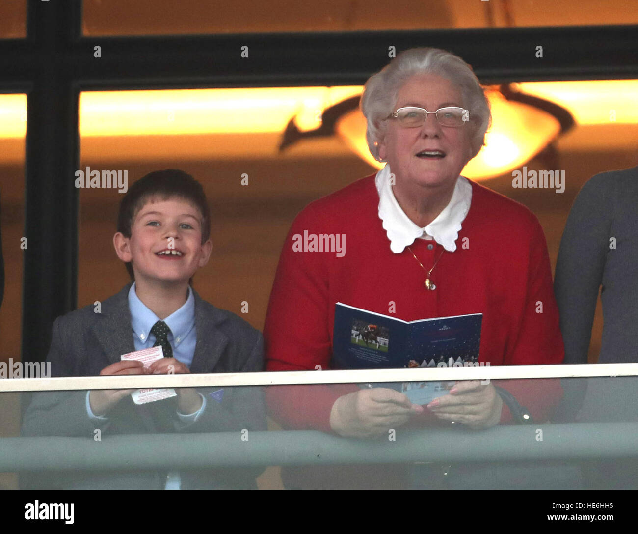 James, Viscount Severn, the son of the Earl and Countess of Wessex, watches the racing at Ascot, Berkshire. Stock Photo
