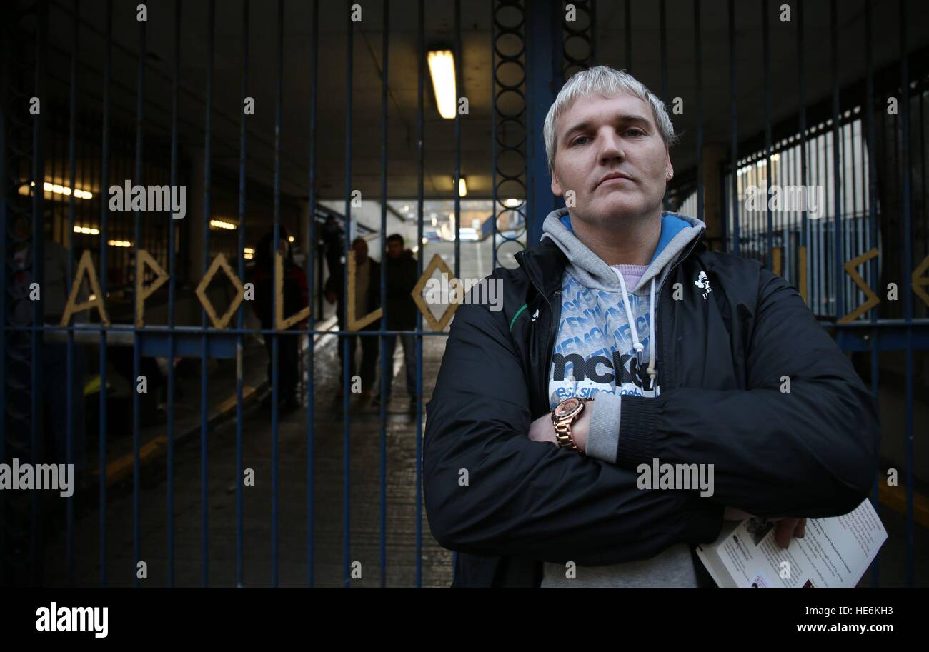 Homeless man Quentin Sheridan stands outside Apollo House, a vacant office block in Dublin city centre which has been occupied by the Homeless activist group 'Home Sweet Home'. Stock Photo