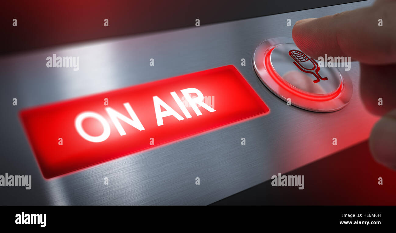 Finger pressing a microphone button to activate an on air sign. Composite between an image and a 3D background Stock Photo