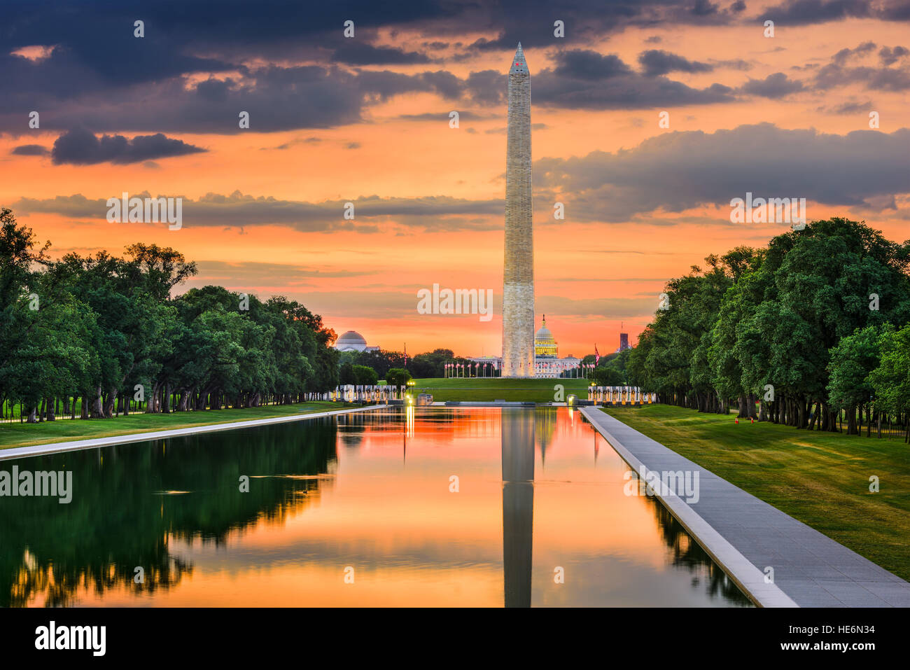 Washington Monument on the Reflecting Pool in Washington, DC. Stock Photo