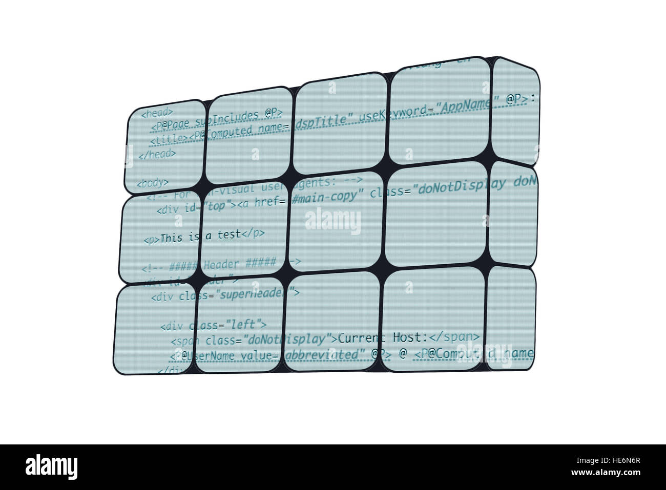 a programming code on an abstract cube and software development Stock Photo