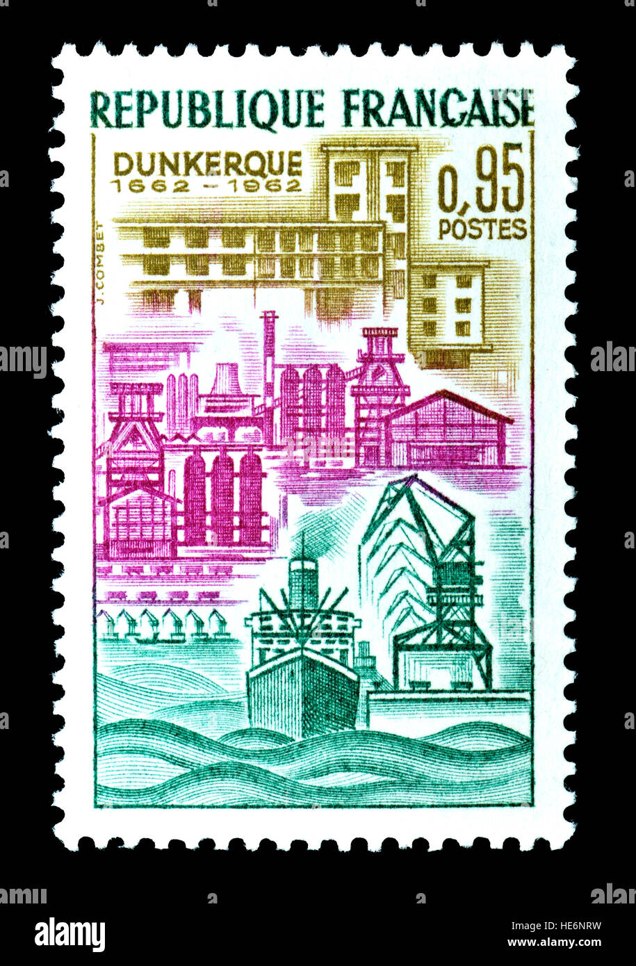 French postage stamp (1962) : 300th anniversary of the Sale of Dunkirk when Charles II of England sold his sovereign rights to the city to his cousin  Stock Photo
