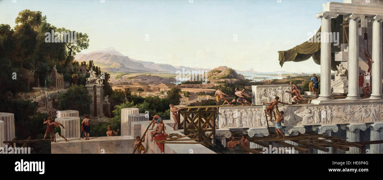 August Wilhelm Julius Ahlborn (1796–1857) after Karl Friedrich Schinkel, View into the Heyday of Greece (1836). Blick in Griechenlands Blüte. Stock Photo