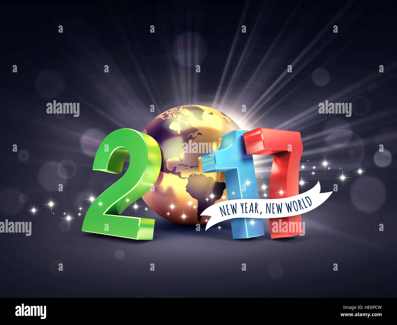 2017 New Year colorful type composed with a golden planet earth, on a glittering black background - 3D illustration Stock Photo