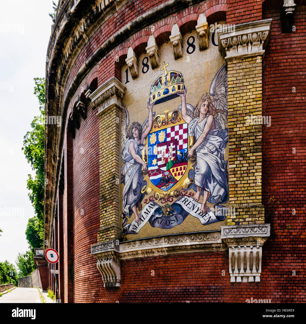 Coat of arms at the base of Castle Hill and the funicular in Budapest, Hungary Stock Photo