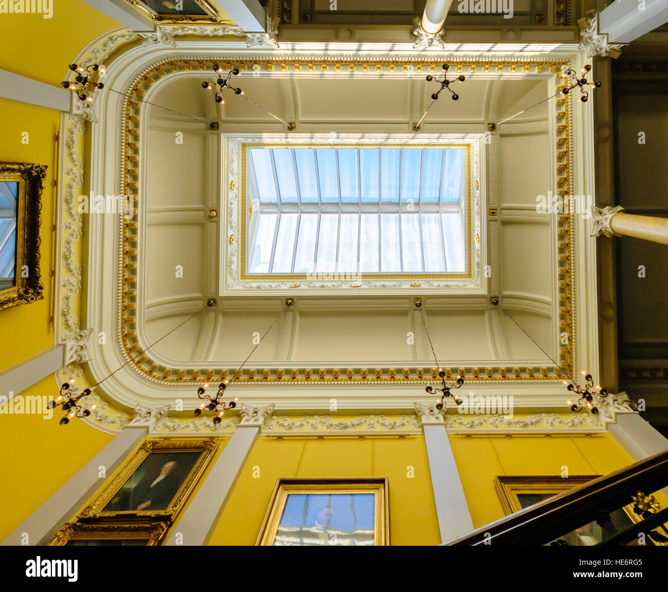 Skylight on the roof above a staircase in an ornate building. Stock Photo