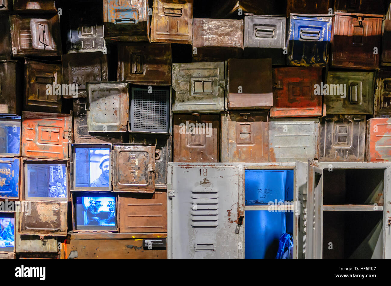 Lockers and metal storage boxes used by workers in the Lenin Shipyard