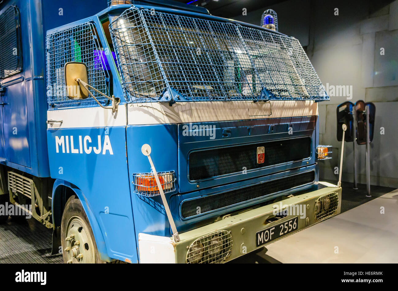 Polish Militia armoured riot van in the European Solidarity Centre, Gdansk, used in the 1981 introduction of martial law. Stock Photo
