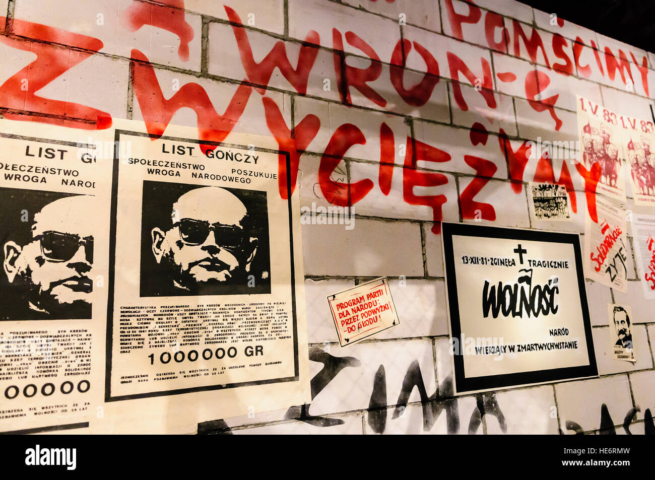 Recreation of posters and graffiti on a wall in the European Solidarity Centre, Gdansk Stock Photo