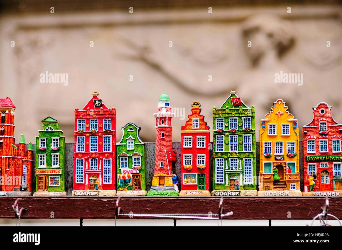 Colourful fridge magnets in the shape of buildings in Gdansk, Stock Photo