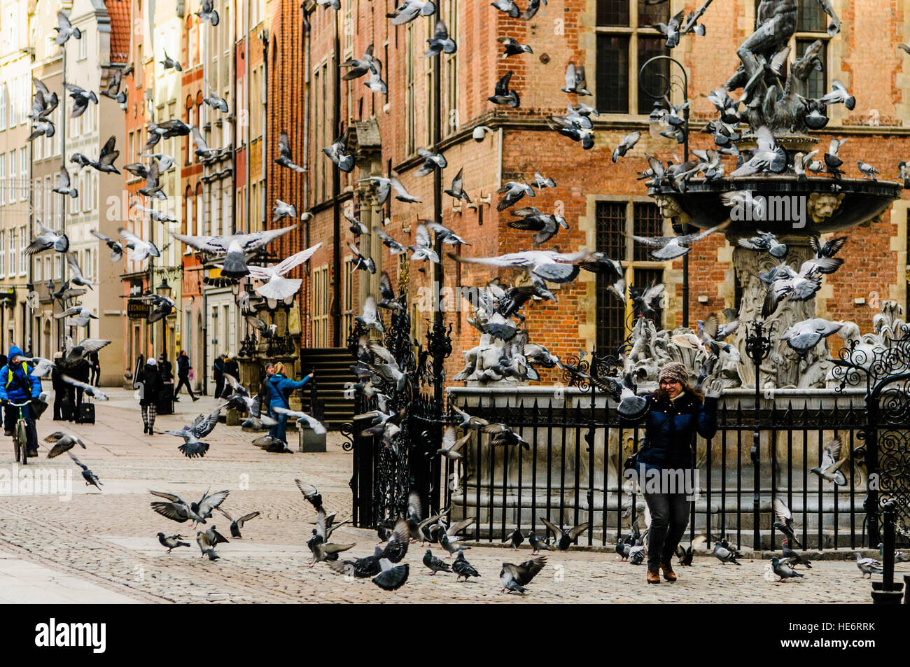 Pigeons fly at a woman, frightening her on Dlugi Targ, Gdansk Stock Photo