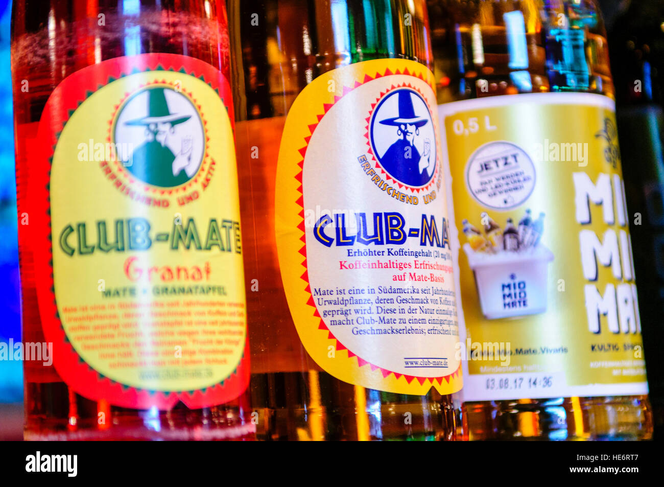 Bottles of the Club Mate German energy drink, popular among IT people and hackers to help stay awake Stock Photo