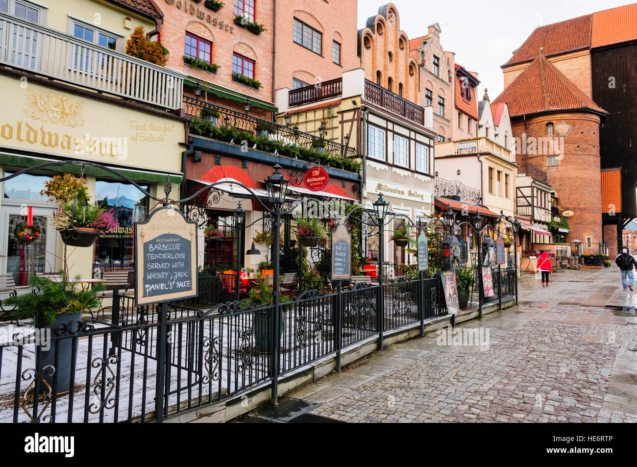 Restaurants and shops along the Motlawa River, Gdansk Stock Photo