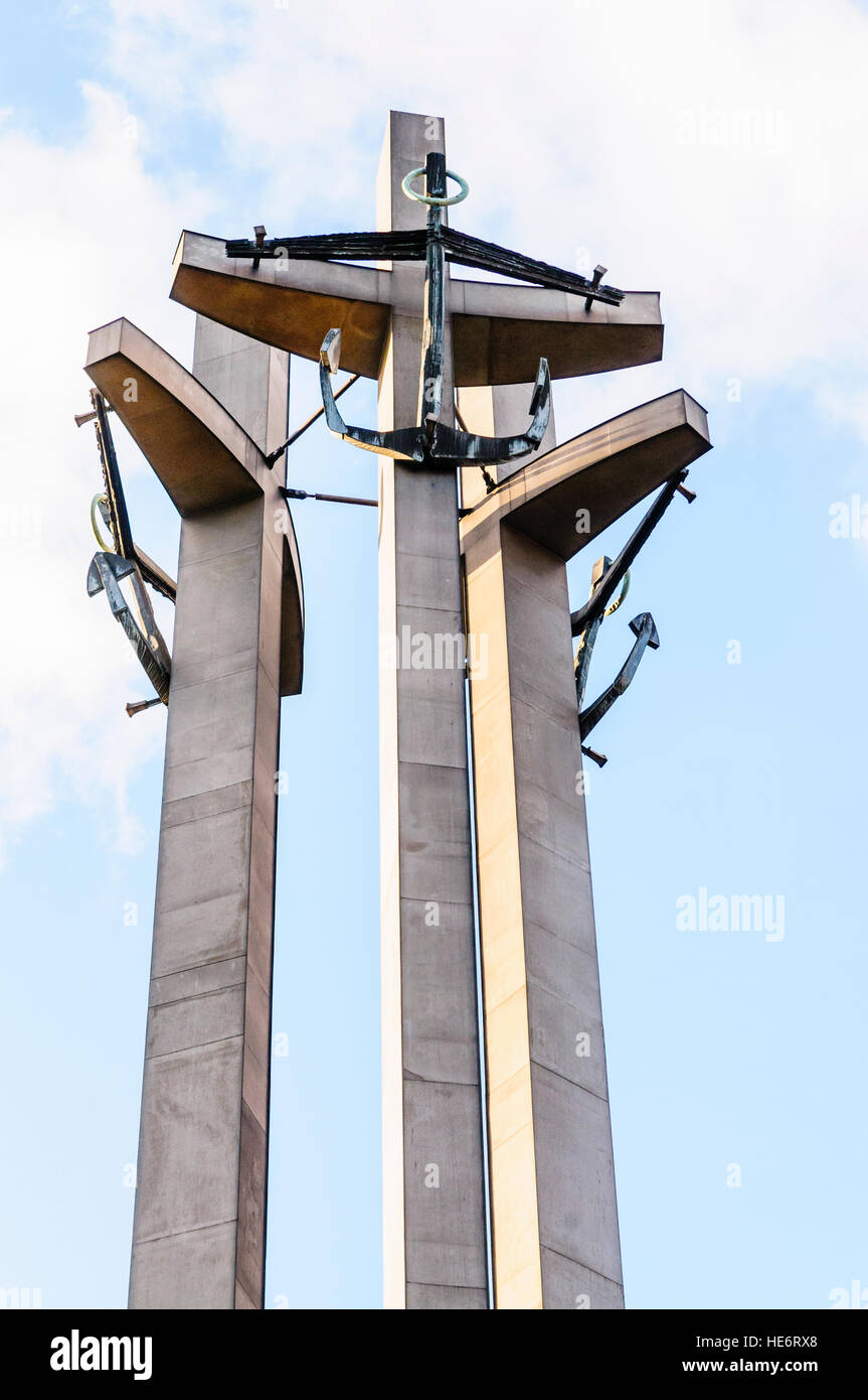 Three Crosses Memorial at the entrance to the Lenin Shipyard, Gdansk, in memory of workers killed by authorities during 1970 protests. Stock Photo