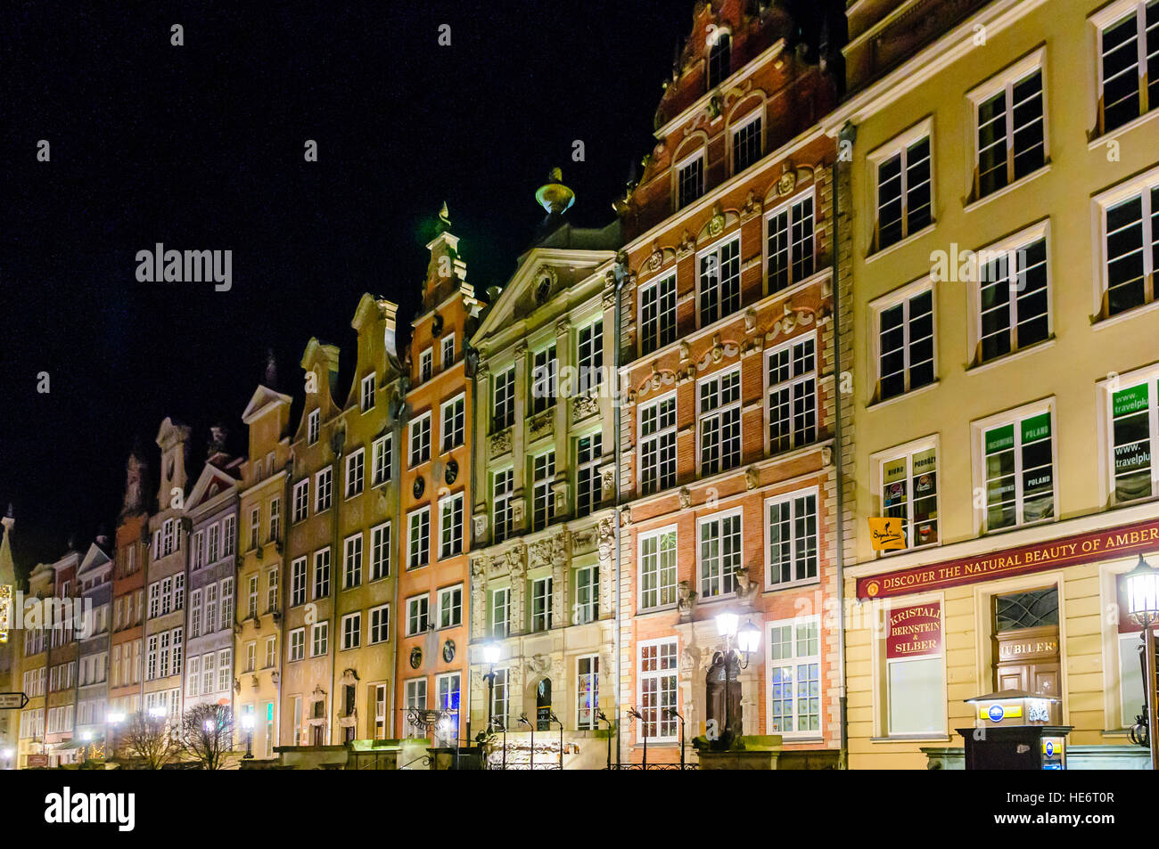 Buildings in Dluga, Dlugi Targ, Gdansk at night. Stock Photo