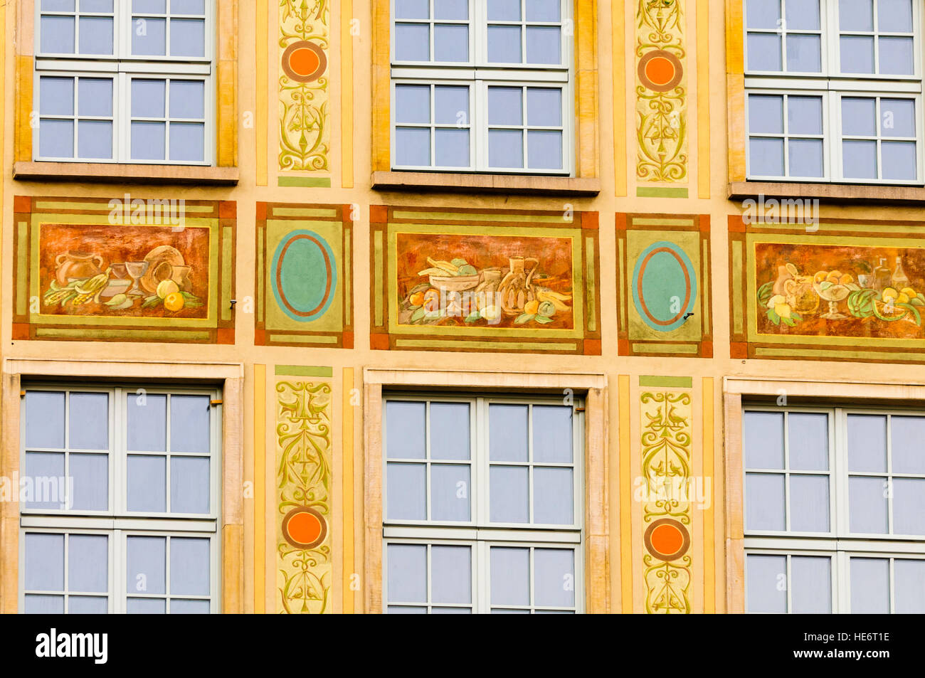 Building with very ornate mural paintings on its fascade in Dluga, Dlugi Targ, Gdansk Stock Photo