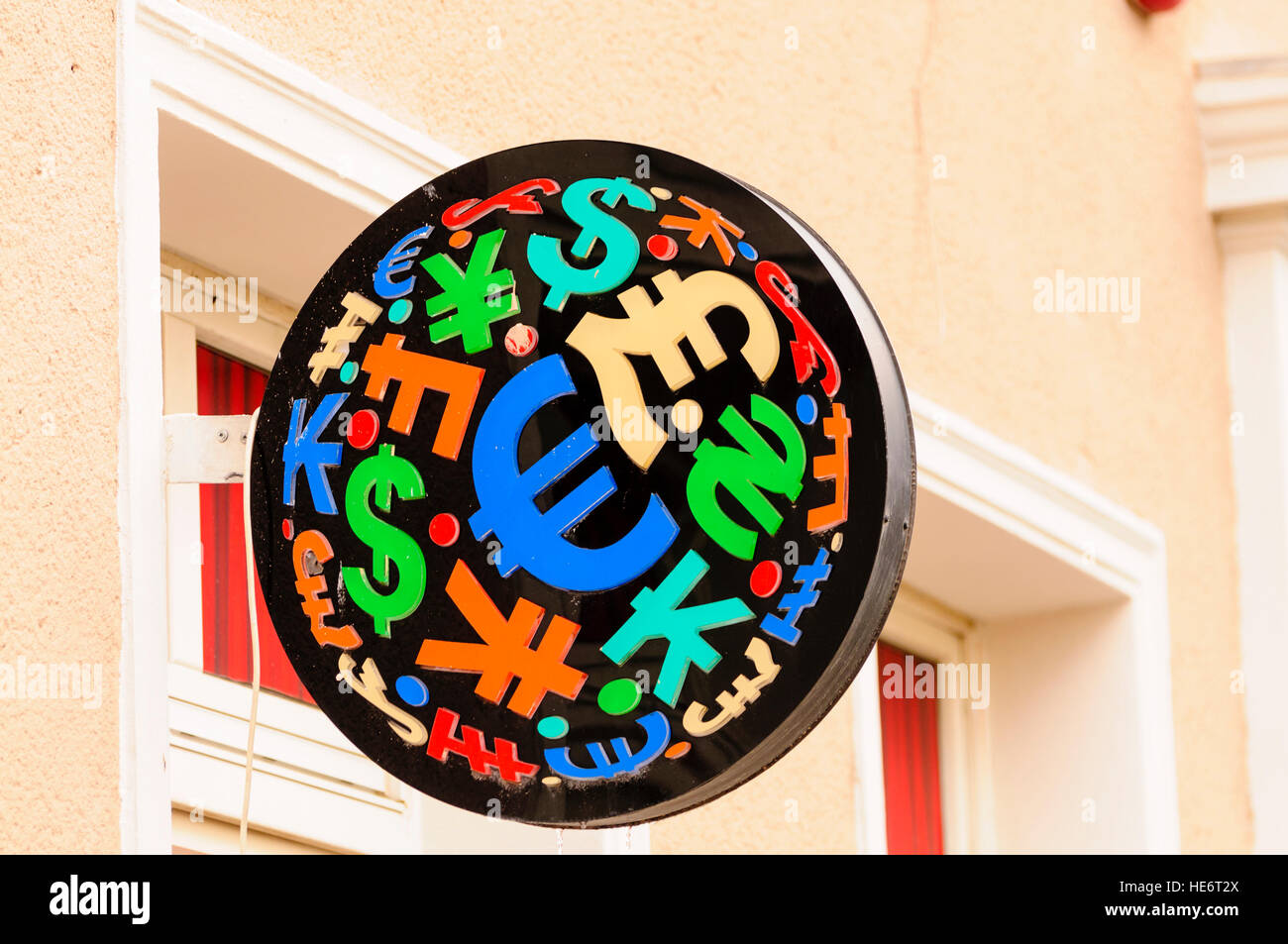 Sign with currency symbols at a foreign exchange. Stock Photo