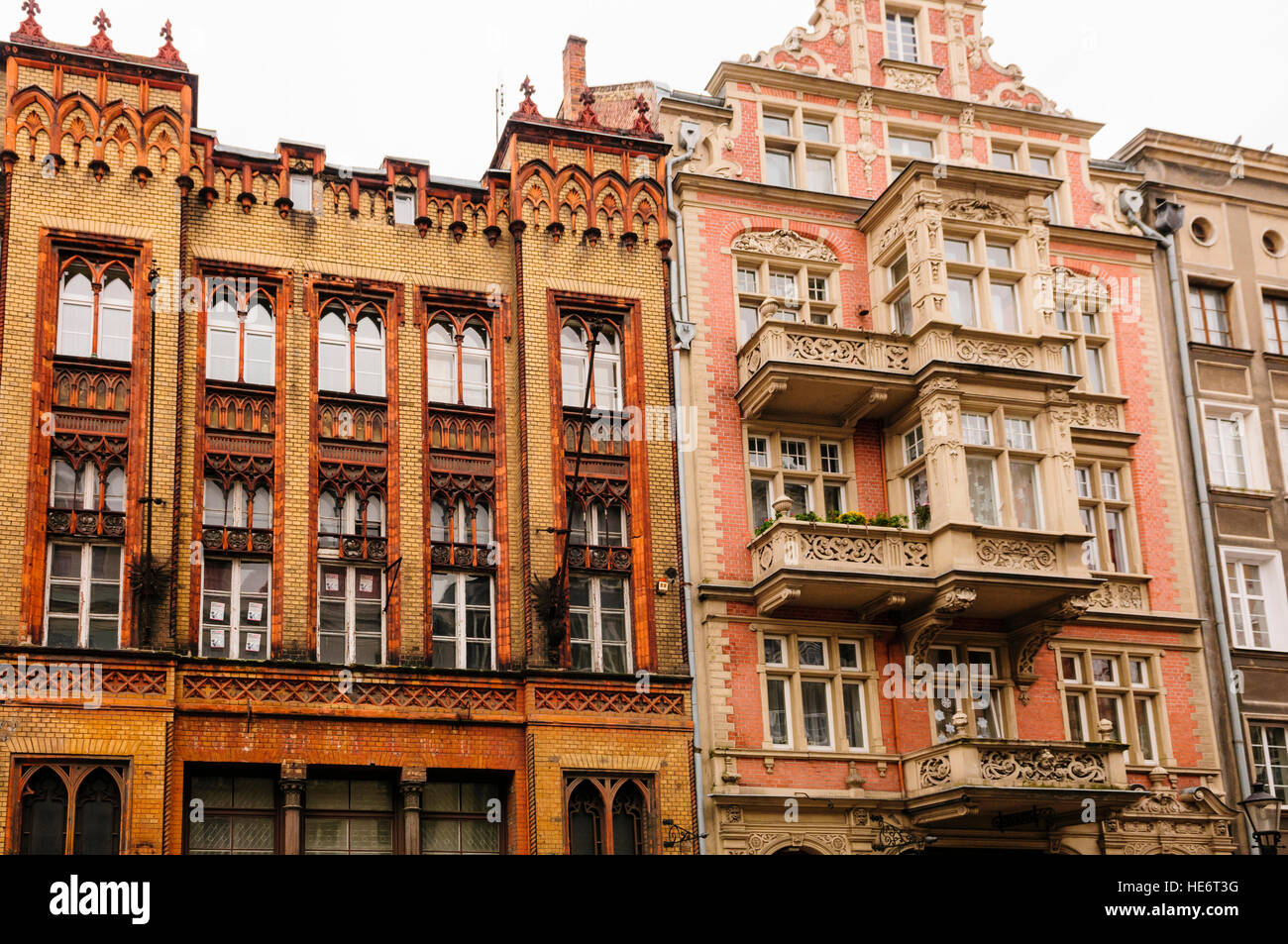 Building with ornate stone balconies and windows in Gdansk, Poland Stock Photo